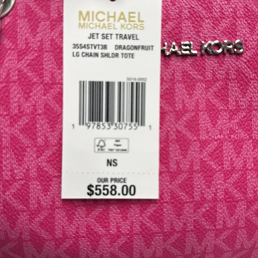 MICHAEL KORS  Jet Set Travel Large Signature Chain Shoulder Tote Bag Dragonfruit - Picture 14 of 14